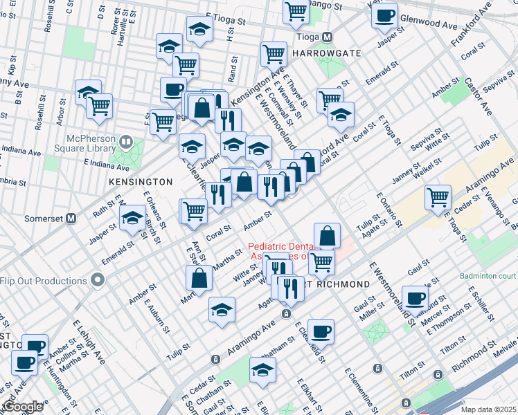 map of restaurants, bars, coffee shops, grocery stores, and more near 2083 East Lippincott Street in Philadelphia