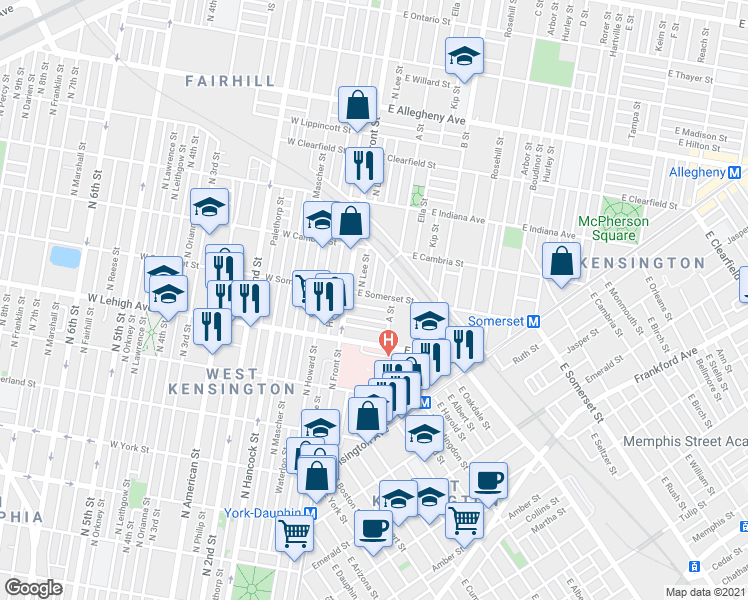 map of restaurants, bars, coffee shops, grocery stores, and more near 29 E Somerset St in Philadelphia