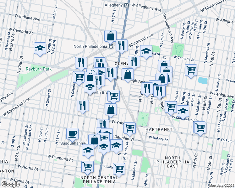 map of restaurants, bars, coffee shops, grocery stores, and more near 2601 North Broad Street in Philadelphia