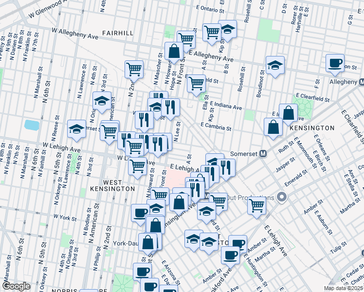 map of restaurants, bars, coffee shops, grocery stores, and more near 29 E Somerset St in Philadelphia