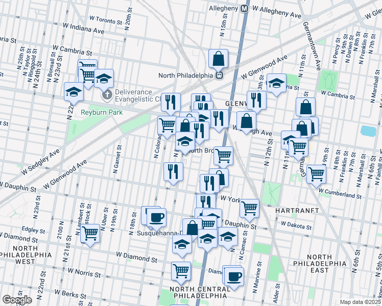 map of restaurants, bars, coffee shops, grocery stores, and more near 2544 North Sydenham Street in Philadelphia