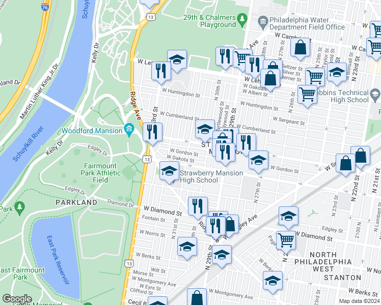 map of restaurants, bars, coffee shops, grocery stores, and more near 2327 North 31st Street in Philadelphia