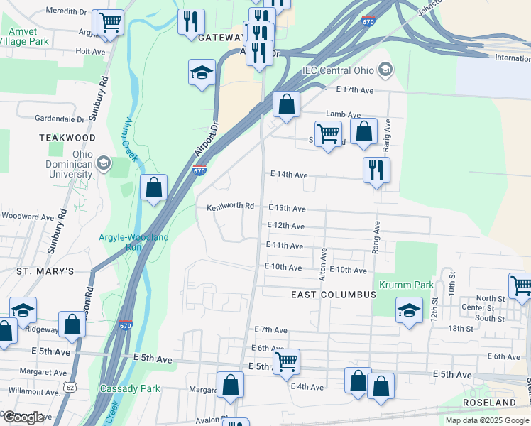 map of restaurants, bars, coffee shops, grocery stores, and more near 1052 North Cassady Avenue in Columbus