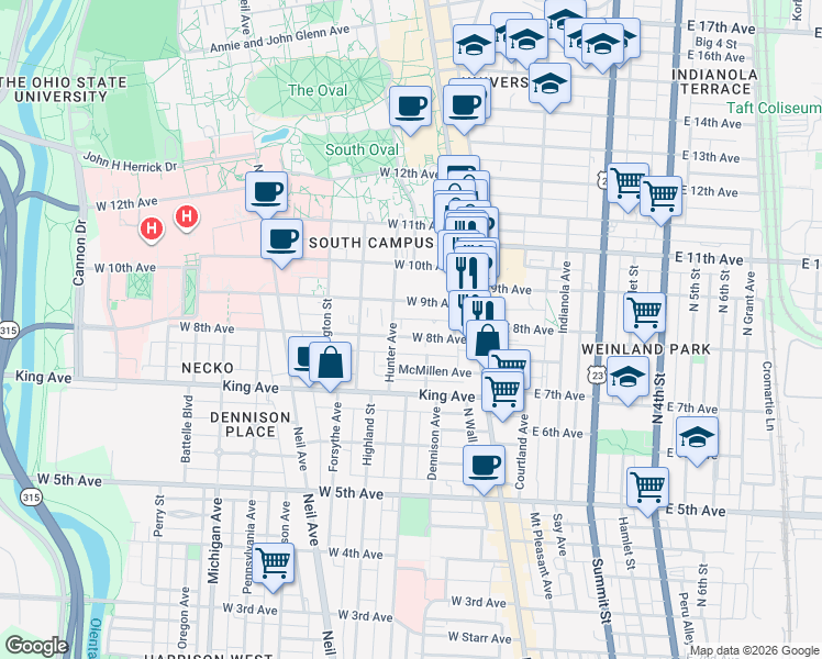 map of restaurants, bars, coffee shops, grocery stores, and more near 90 West 8th Avenue in Columbus