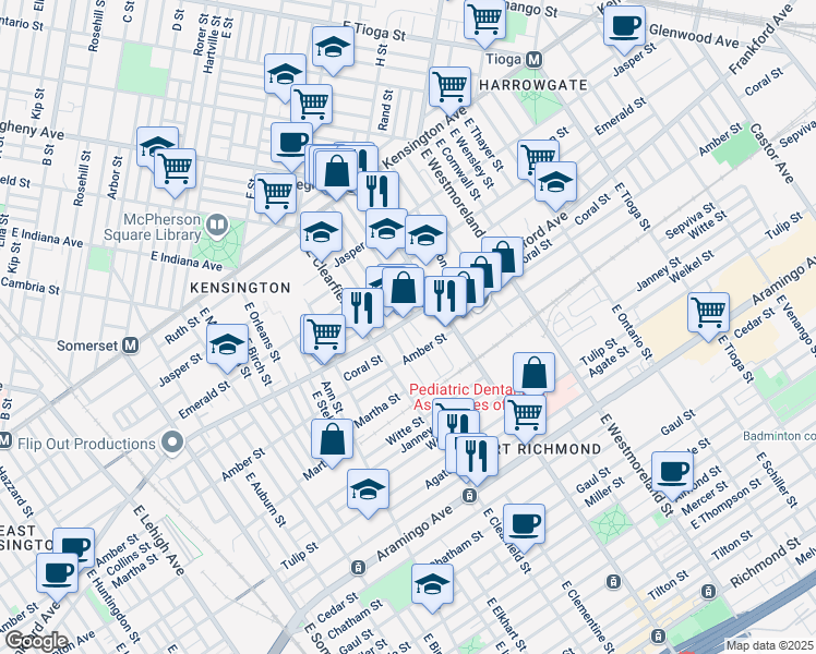 map of restaurants, bars, coffee shops, grocery stores, and more near 2083 East Lippincott Street in Philadelphia
