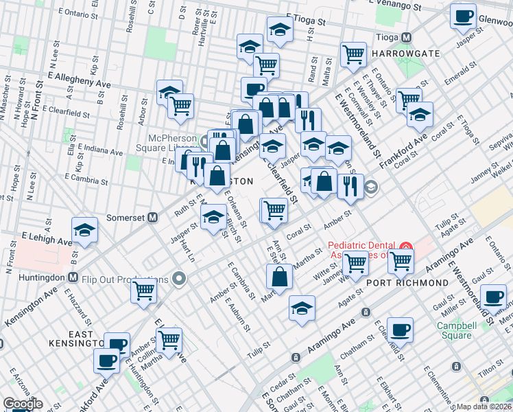 map of restaurants, bars, coffee shops, grocery stores, and more near 2017 East Stella Street in Philadelphia