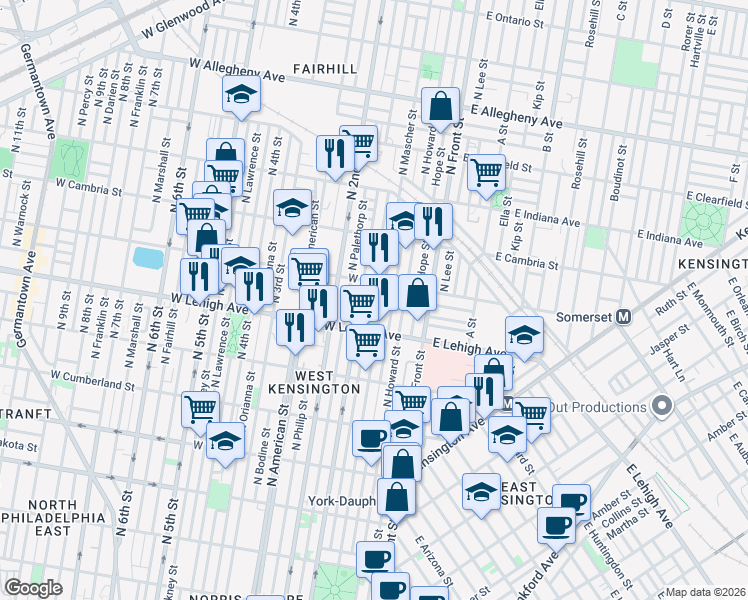 map of restaurants, bars, coffee shops, grocery stores, and more near in Philadelphia