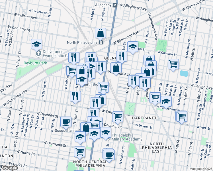map of restaurants, bars, coffee shops, grocery stores, and more near 2601 North Broad Street in Philadelphia