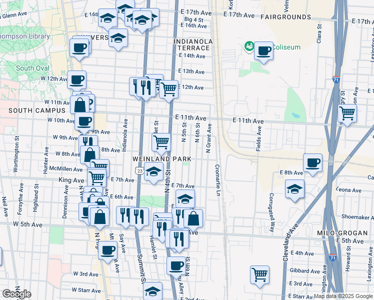 map of restaurants, bars, coffee shops, grocery stores, and more near 1384 North 5th Street in Columbus