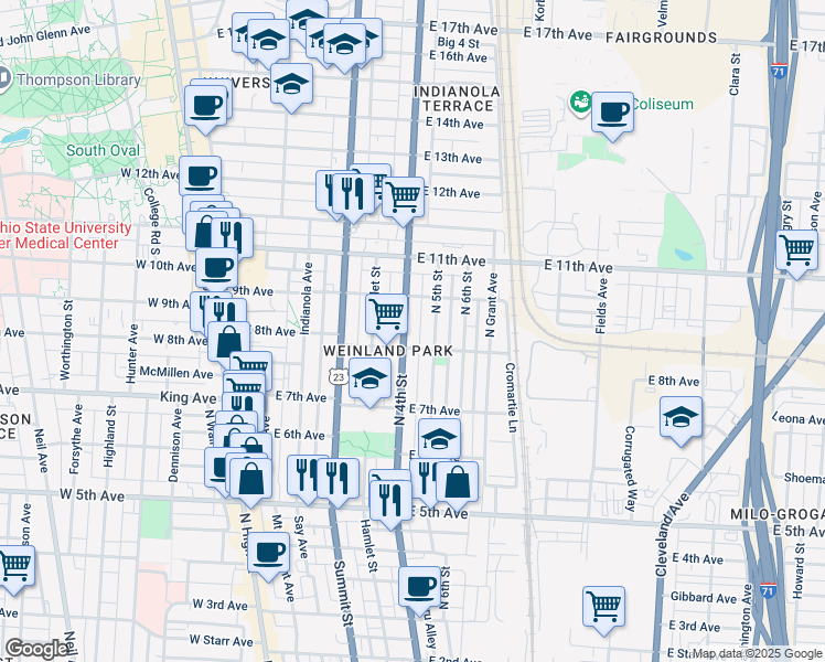 map of restaurants, bars, coffee shops, grocery stores, and more near 1378 Hamlet Street in Columbus