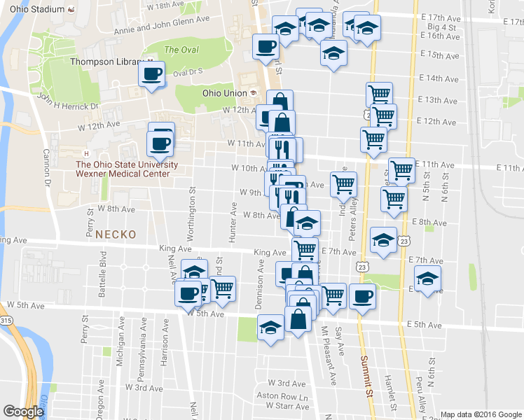 map of restaurants, bars, coffee shops, grocery stores, and more near 80 McMillen Avenue in Columbus