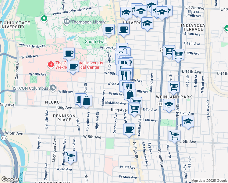 map of restaurants, bars, coffee shops, grocery stores, and more near 80 McMillen Avenue in Columbus