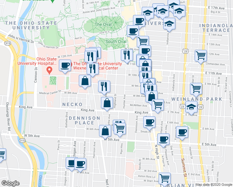 map of restaurants, bars, coffee shops, grocery stores, and more near 1465 Highland Street in Columbus