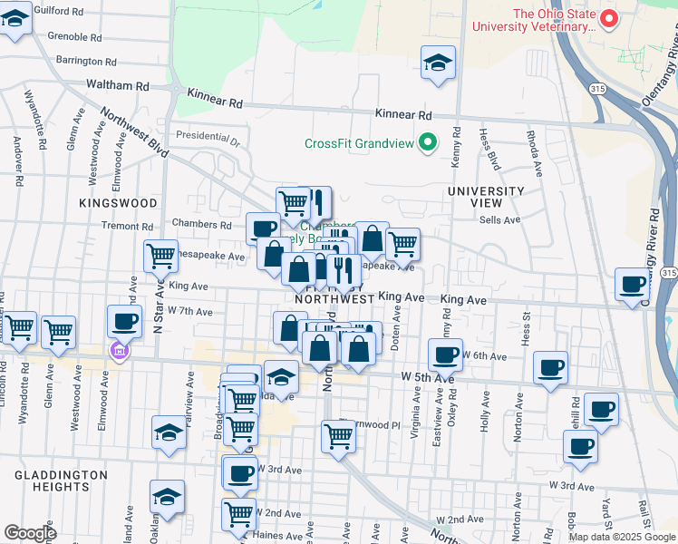 map of restaurants, bars, coffee shops, grocery stores, and more near 1250 King Avenue in Columbus