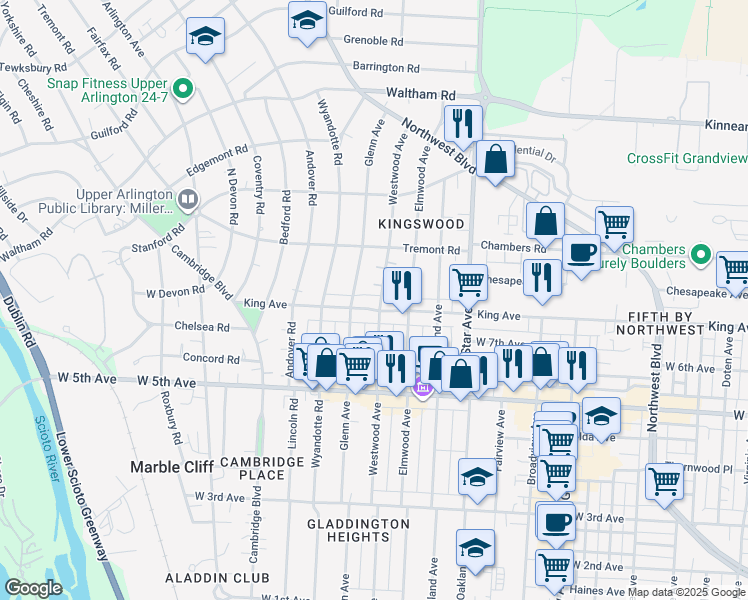 map of restaurants, bars, coffee shops, grocery stores, and more near 1696 Glenn Avenue in Columbus