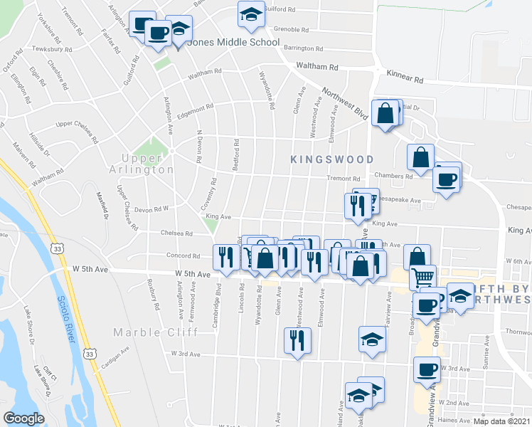 map of restaurants, bars, coffee shops, grocery stores, and more near 1708 Wyandotte Road in Columbus