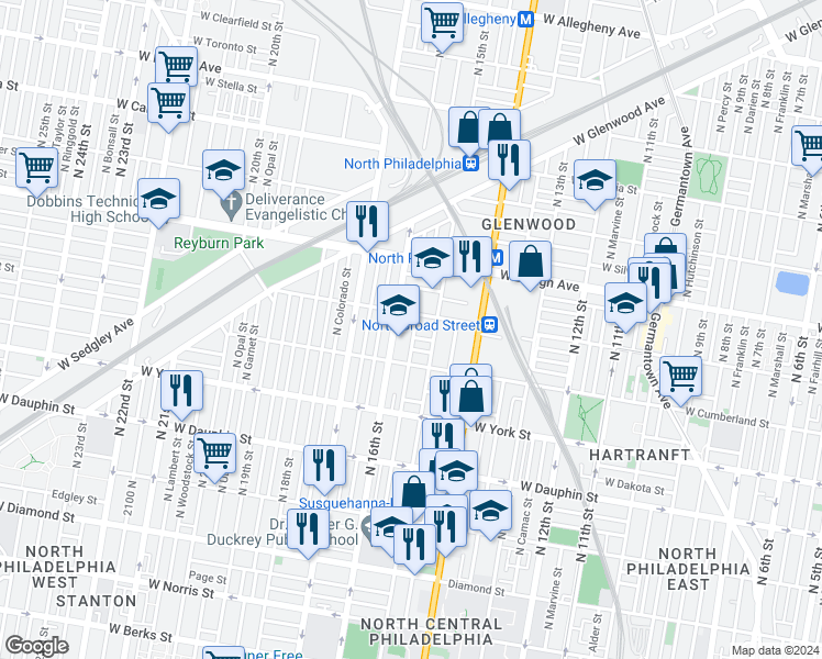 map of restaurants, bars, coffee shops, grocery stores, and more near 2546 North Sydenham Street in Philadelphia