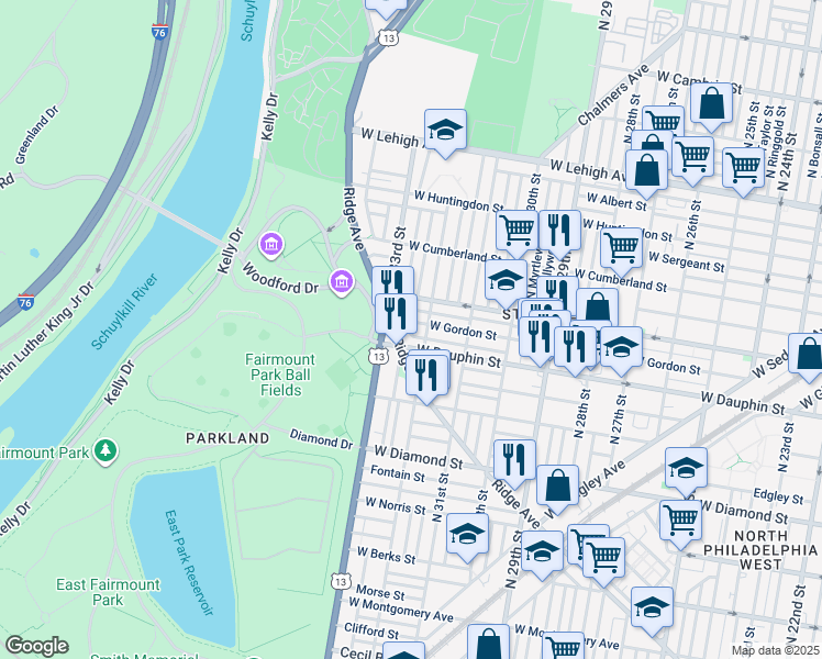 map of restaurants, bars, coffee shops, grocery stores, and more near 3219 West Dakota Street in Philadelphia