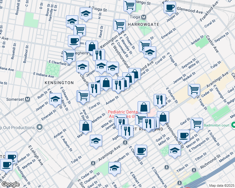 map of restaurants, bars, coffee shops, grocery stores, and more near 2074 East Allegheny Avenue in Philadelphia