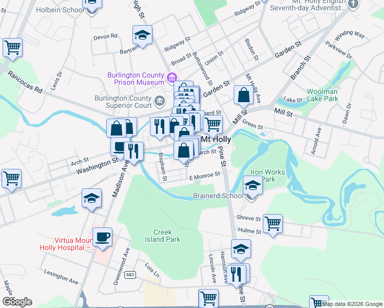 map of restaurants, bars, coffee shops, grocery stores, and more near 30 Church Street in Mount Holly