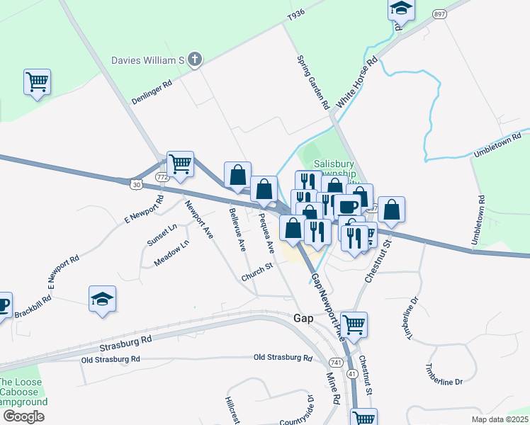 map of restaurants, bars, coffee shops, grocery stores, and more near 5306 Lincoln Highway in Gap