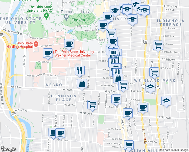 map of restaurants, bars, coffee shops, grocery stores, and more near 128 West 8th Avenue in Columbus