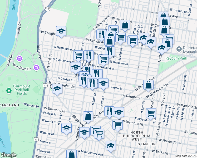 map of restaurants, bars, coffee shops, grocery stores, and more near 2741 York Street in Philadelphia