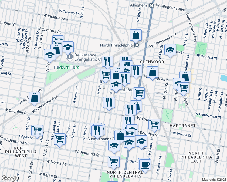 map of restaurants, bars, coffee shops, grocery stores, and more near 2560 North 16th Street in Philadelphia