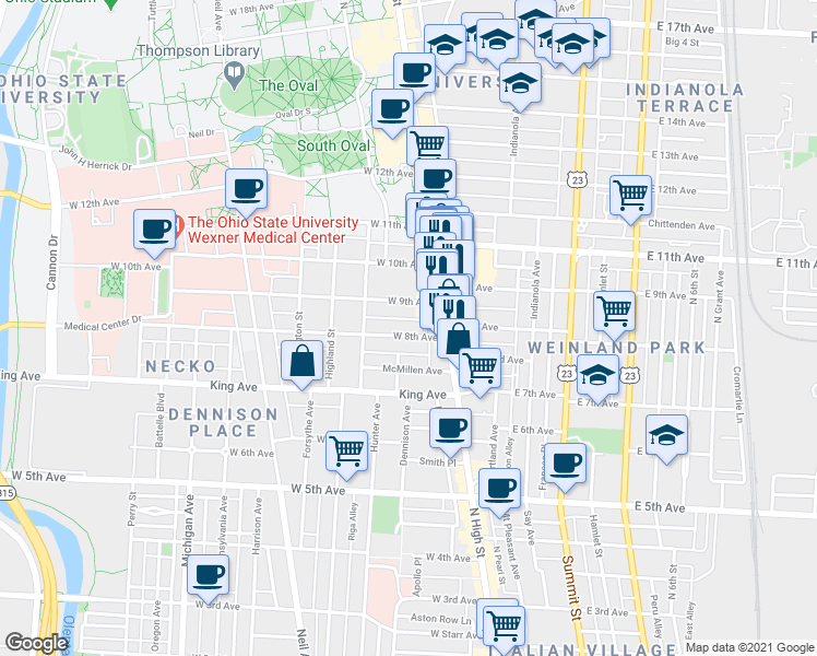map of restaurants, bars, coffee shops, grocery stores, and more near 54 West 8th Avenue in Columbus