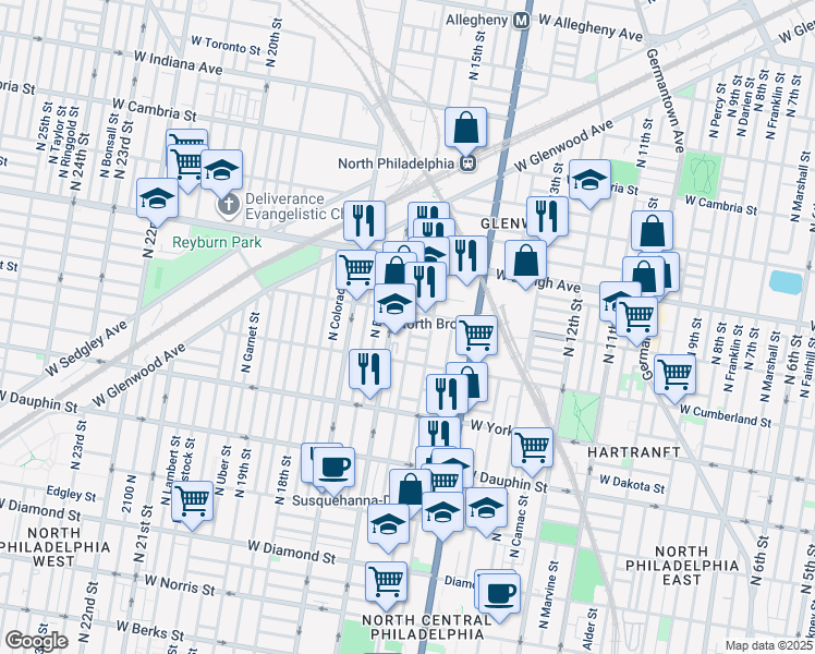 map of restaurants, bars, coffee shops, grocery stores, and more near 2546 North Sydenham Street in Philadelphia