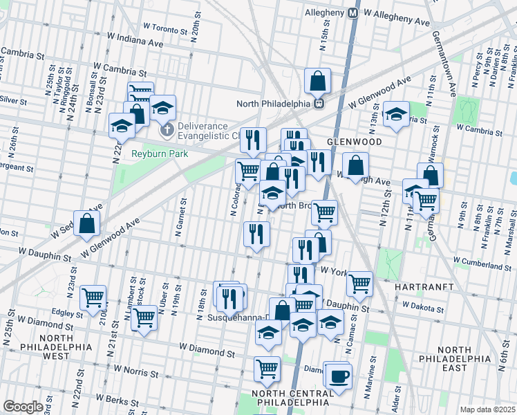 map of restaurants, bars, coffee shops, grocery stores, and more near 2538 North Bancroft Street in Philadelphia