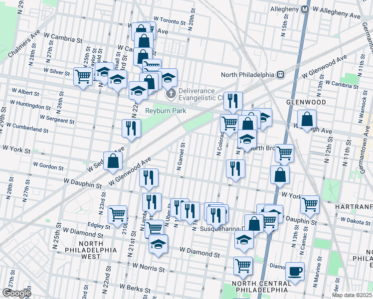 map of restaurants, bars, coffee shops, grocery stores, and more near 2510 North 19th Street in Philadelphia