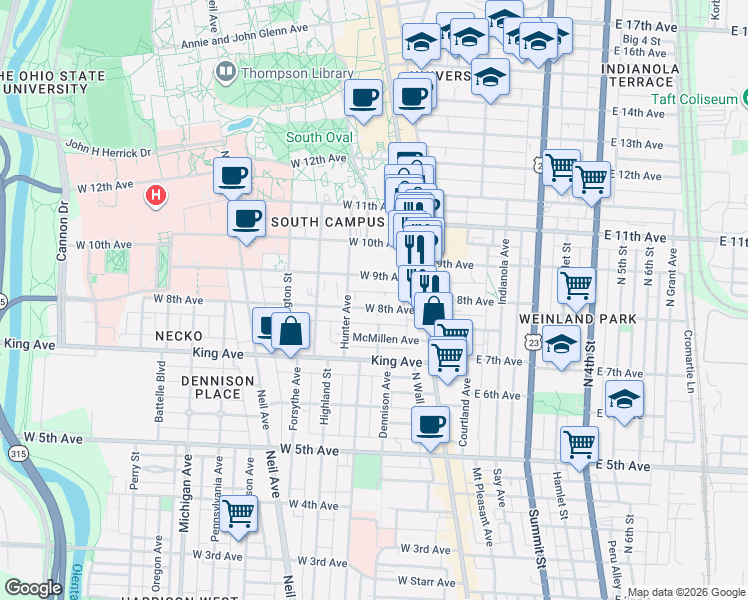 map of restaurants, bars, coffee shops, grocery stores, and more near 76 West 8th Avenue in Columbus