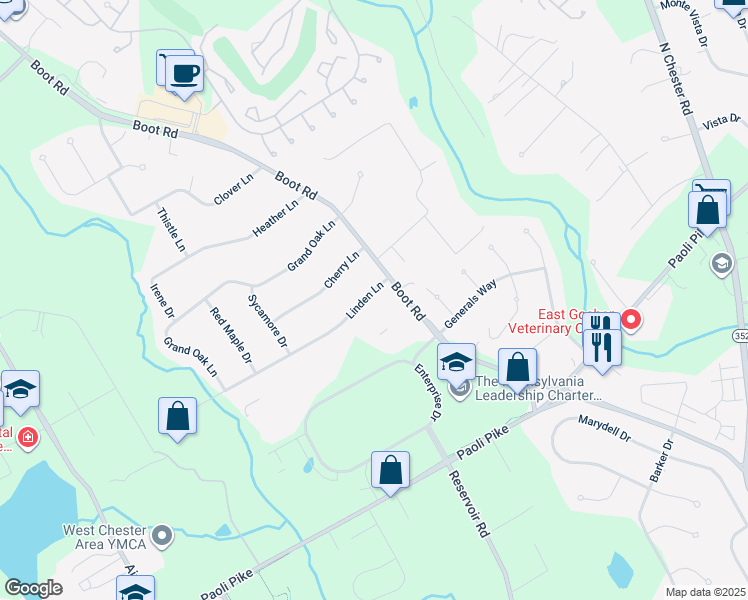 map of restaurants, bars, coffee shops, grocery stores, and more near 1446 Linden Lane in West Chester