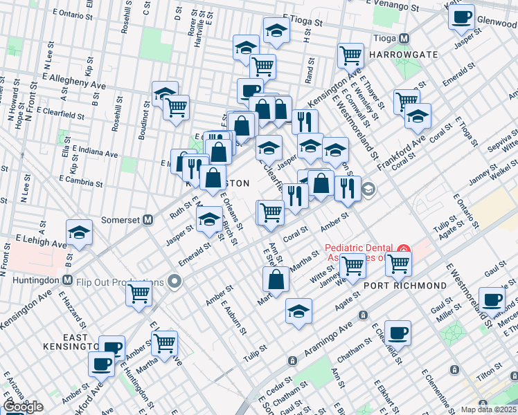 map of restaurants, bars, coffee shops, grocery stores, and more near 3030 Emerald Street in Philadelphia