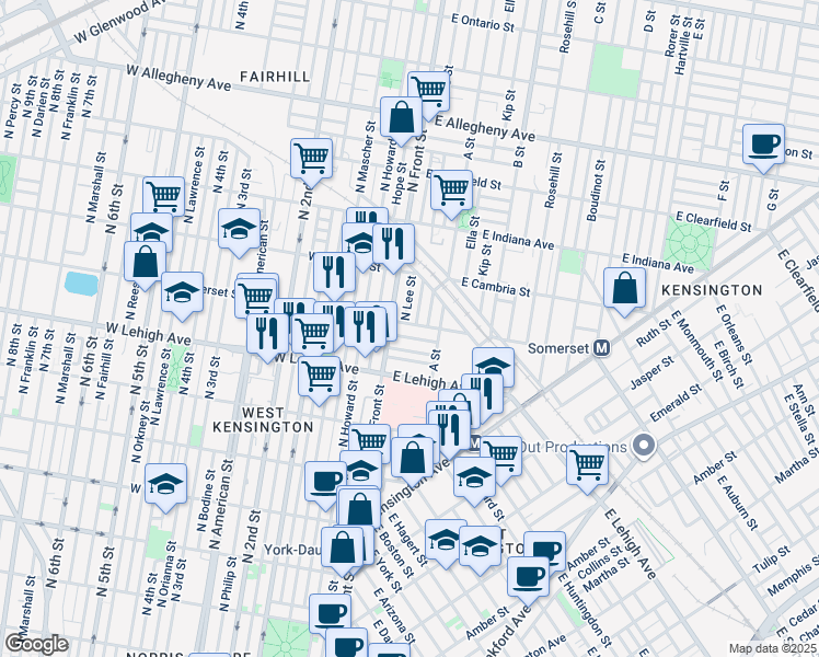 map of restaurants, bars, coffee shops, grocery stores, and more near 15 East Somerset Street in Philadelphia