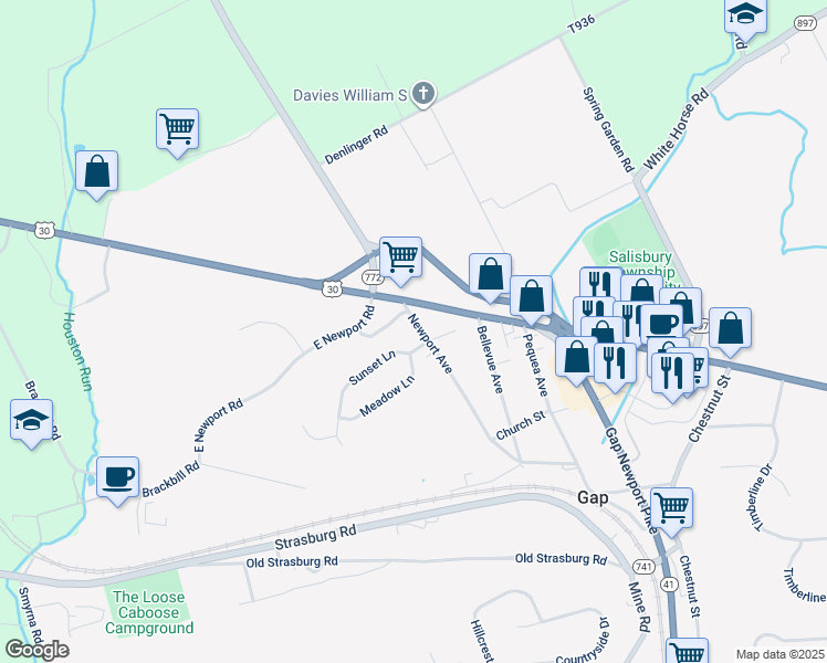 map of restaurants, bars, coffee shops, grocery stores, and more near 728 Newport Avenue in Gap