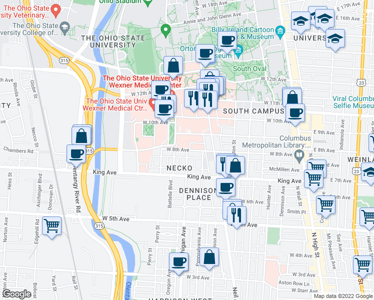 map of restaurants, bars, coffee shops, grocery stores, and more near Michigan Ave & W 8th Ave in Columbus