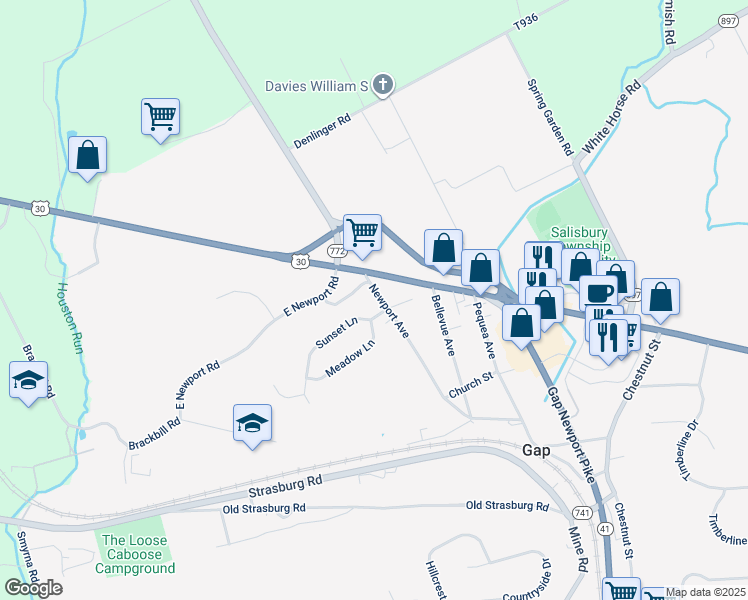 map of restaurants, bars, coffee shops, grocery stores, and more near 728 Newport Avenue in Gap
