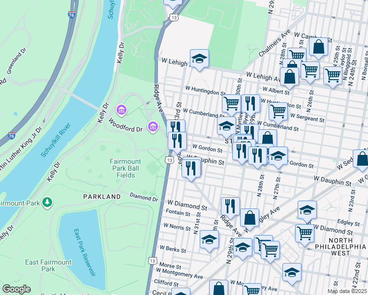 map of restaurants, bars, coffee shops, grocery stores, and more near 3221 West Dakota Street in Philadelphia