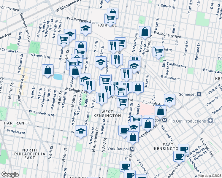 map of restaurants, bars, coffee shops, grocery stores, and more near 2728 North 2nd Street in Philadelphia