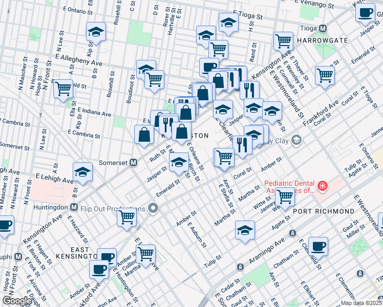 map of restaurants, bars, coffee shops, grocery stores, and more near 1904 East Orleans Street in Philadelphia