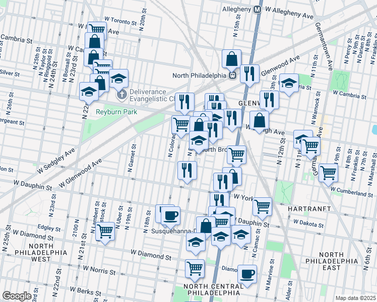 map of restaurants, bars, coffee shops, grocery stores, and more near 2540 North Bancroft Street in Philadelphia