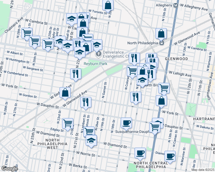 map of restaurants, bars, coffee shops, grocery stores, and more near 2512 North 19th Street in Philadelphia