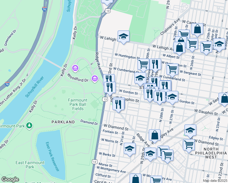 map of restaurants, bars, coffee shops, grocery stores, and more near 3221 West Dakota Street in Philadelphia