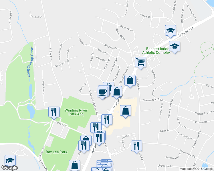 map of restaurants, bars, coffee shops, grocery stores, and more near 1022 Feathertree Drive in Toms River