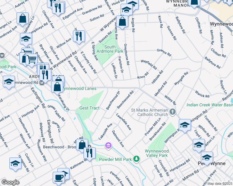 map of restaurants, bars, coffee shops, grocery stores, and more near 852 Beechwood Drive in Penn Wynne