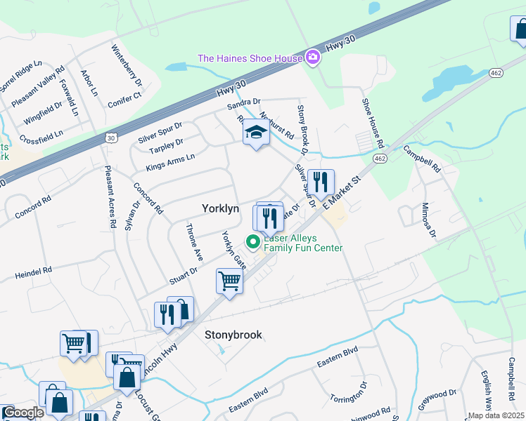 map of restaurants, bars, coffee shops, grocery stores, and more near 3919 Eastgate Drive in York