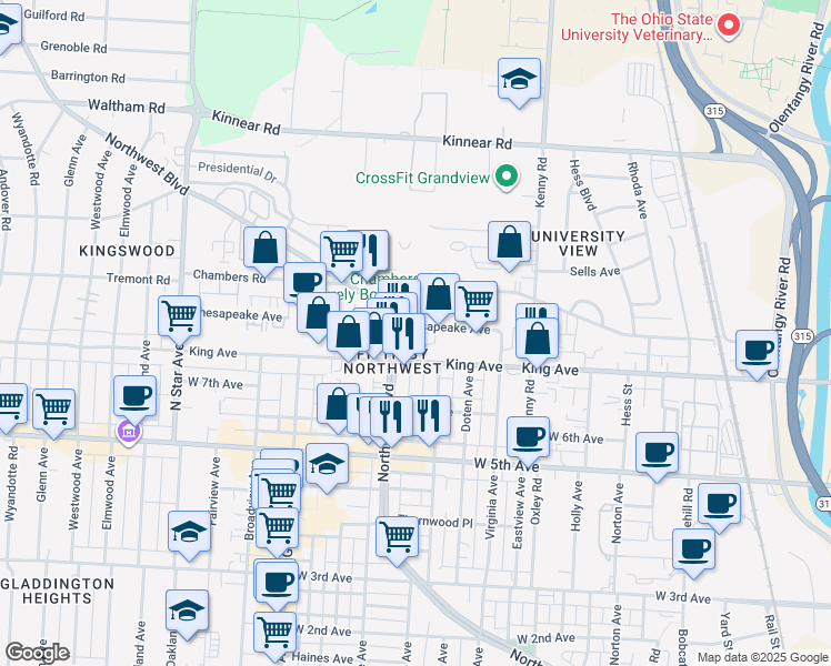map of restaurants, bars, coffee shops, grocery stores, and more near 1211 Chambers Road in Columbus