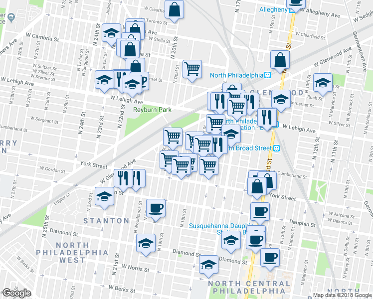map of restaurants, bars, coffee shops, grocery stores, and more near 2520 North Cleveland Street in Philadelphia